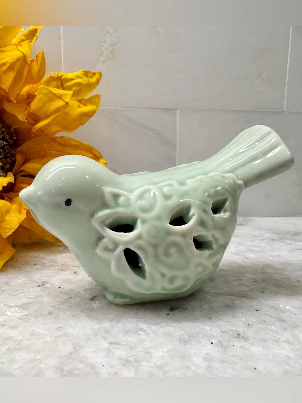 New Small French Country Cottage Cutouts Design Light Green Ceramic Bird - 3.25”